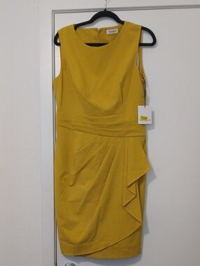 Calvin Klein Mustard Sheath Midi Dress with Draped Side Detail